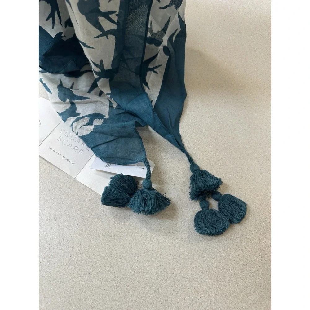 LOFT Cotton Modal Square Scarf Blue Teal  Ivory Bird Print Tassels for Women